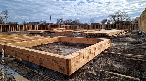 Obraz na płótnie Construction Site Foundations with Wooden Framing Under Blue Sky w salonie
