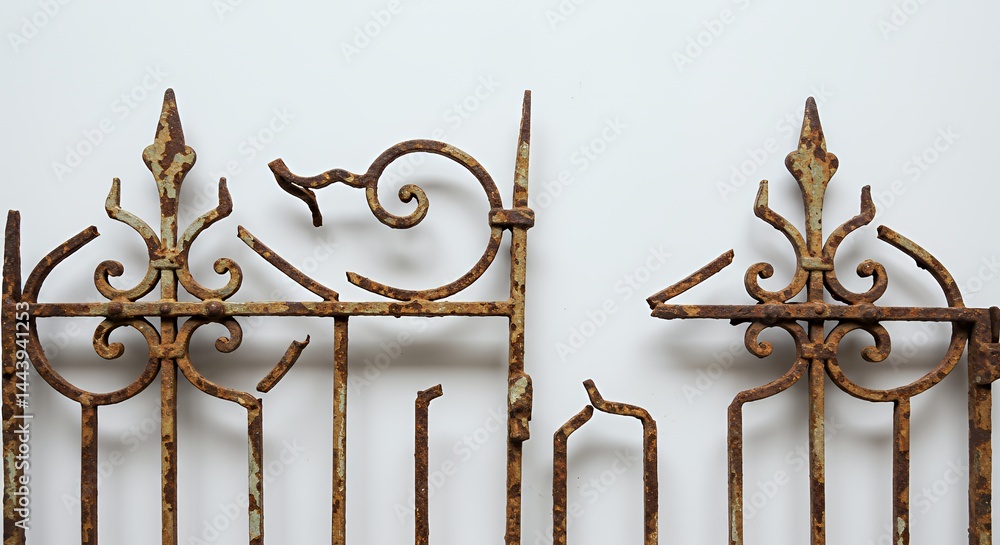 Shattered Antique Wrought Iron Gate Section with Heavy Rust and Structural Breakage Isolated on White Screen Background Backdrop with Ornate Broken Parts Recycle Material