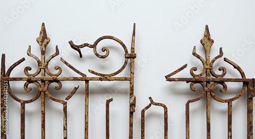 Obraz na płótnie Shattered Antique Wrought Iron Gate Section with Heavy Rust and Structural Breakage Isolated on White Screen Background Backdrop with Ornate Broken Parts Recycle Material w salonie