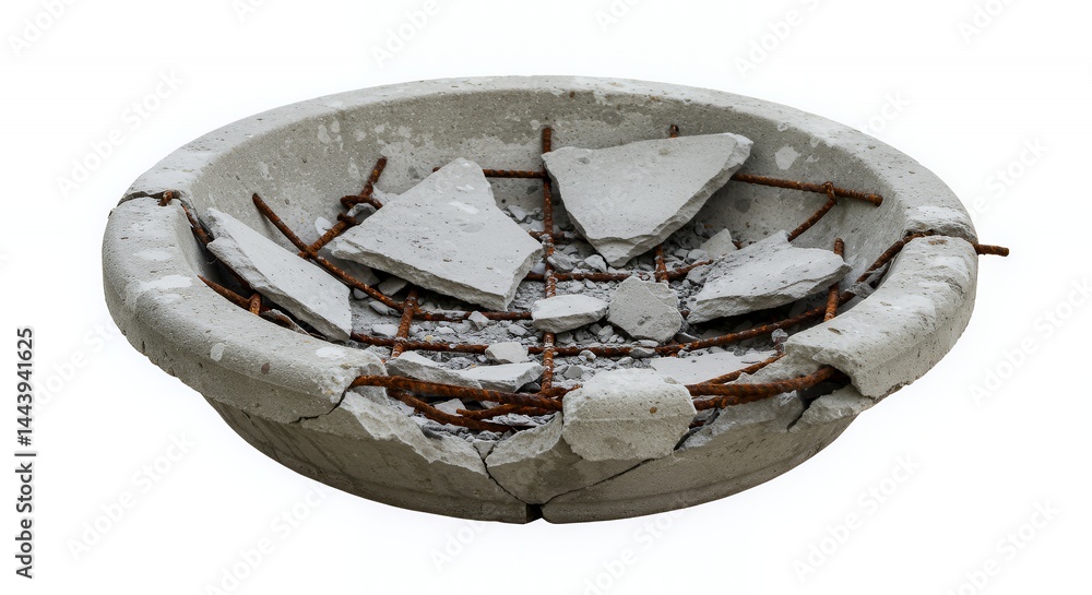 Shattered Concrete Birdbath Cracked and Crumbled Showing Exposed Rebar Isolated on White Screen Background Blank Clean Studio Object For Ads and Promotion