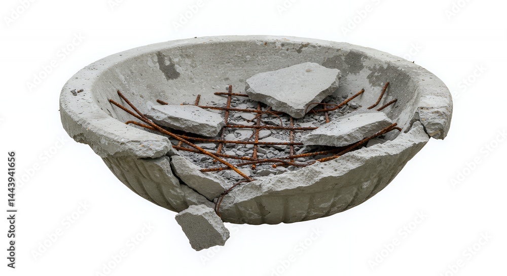 Shattered Concrete Birdbath Cracked and Crumbled with Exposed Rebar Isolated on White Screen Background Showing Damage Detail and Decay in a Studio Setting Perfect for Ads Promotion and Blank