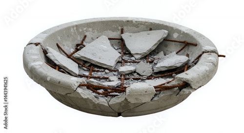 Obraz na płótnie Shattered Concrete Birdbath Cracked and Crumbled Showing Exposed Rebar Isolated on White Screen Background Blank Clean Studio Object For Ads and Promotion w salonie