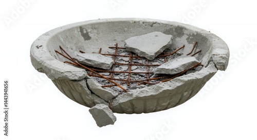 Obraz na płótnie Shattered Concrete Birdbath Cracked and Crumbled with Exposed Rebar Isolated on White Screen Background Showing Damage Detail and Decay in a Studio Setting Perfect for Ads Promotion and Blank w salonie