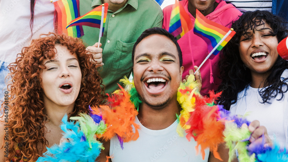 Fototapeta premium Pride, Lgbt community celebrate parade. Happy people support gay community together