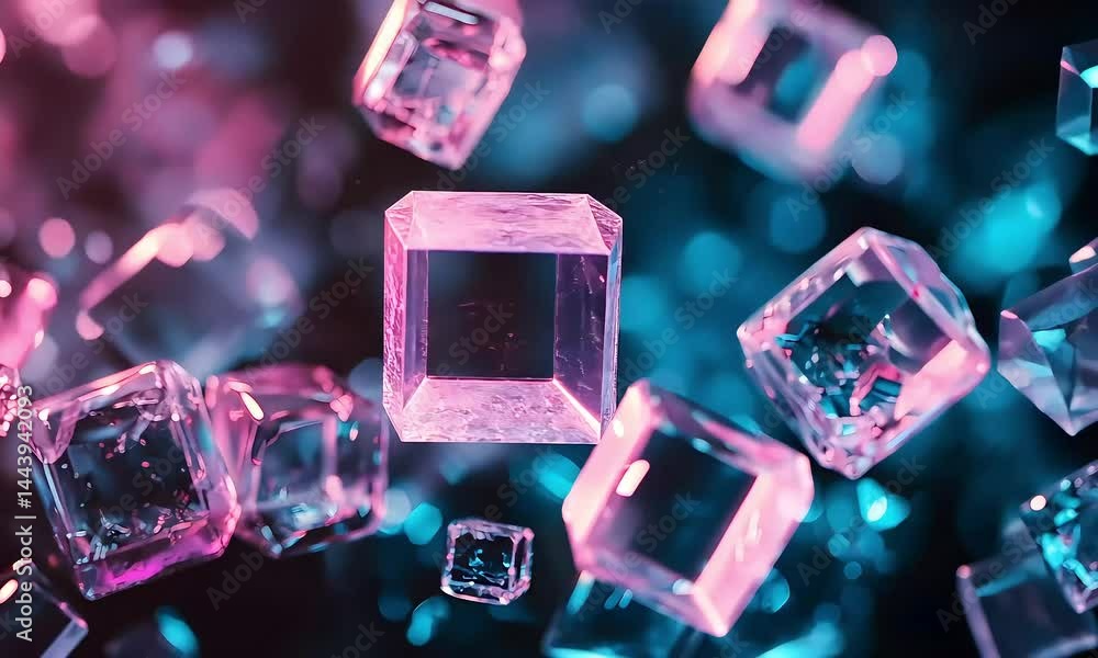 Abstract crystalline structures elegantly illuminated with neon light effects on a dark plane