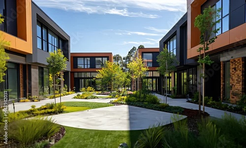 Modern Architecture With Orange and Gray Paneling Along Garden Courtyard With Outdoor Greenery and Building Exterior