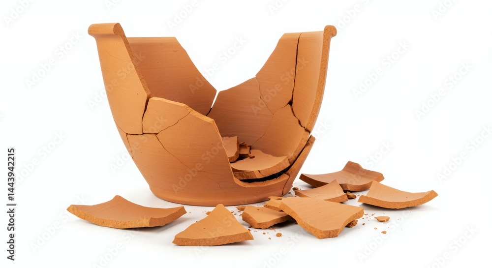 Shattered Terracotta Pot Isolated on White Screen Revealing Aged Fractured Interior with Detailed Texture Damage Reuse Recycle Clay Crafted Pottery Perfect for Decoration Product Displays