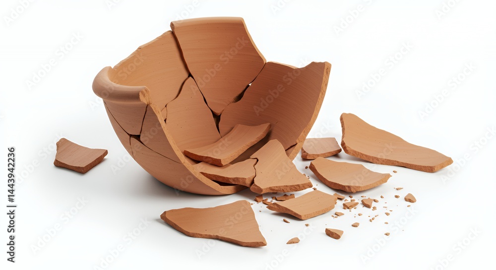 Shattered Terracotta Pot Reveals Aged Fractured Interior Isolated on White Screen Background perfect for Decoration Symbolizing Fragility