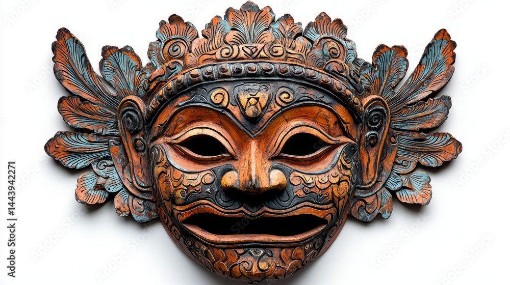 Intricate Handcrafted Wooden Mask with Colorful Detailing and Designs