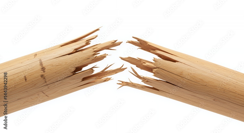Snaped Wooden Baseball Bat Revealing Internal Grain and Wear Isolated on White Screen Background with Realistic Texture Perfect for Decoration Ads Promotion