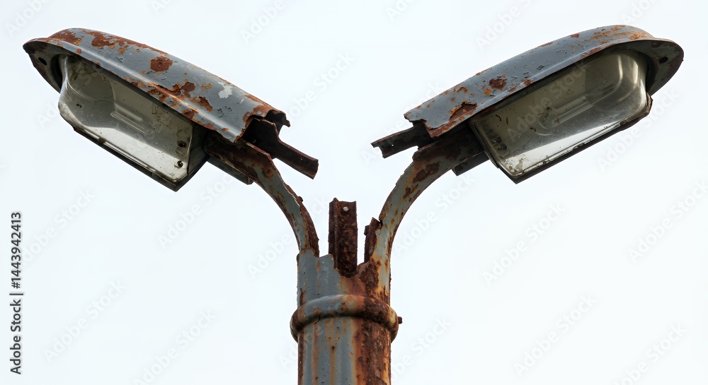 Solitary Severely Rusted Iron Lamppost Broken in Half Isolated on a Stark White Background Revealing Extensive Decay Weathered Texture and Corrosion Detail Perfect for Decoration and Ads Promotion