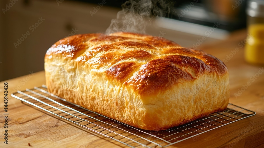 Freshly Baked Loaf of Bread with Golden Brown Crust and Steam Rising