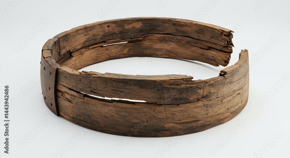 Splintered and Water Damaged Wooden Barrel Stave Showcasing its Broken Form and Aged Texture Isolated on White Screen Background for Ads Promotion and Decoration with Weathered Details