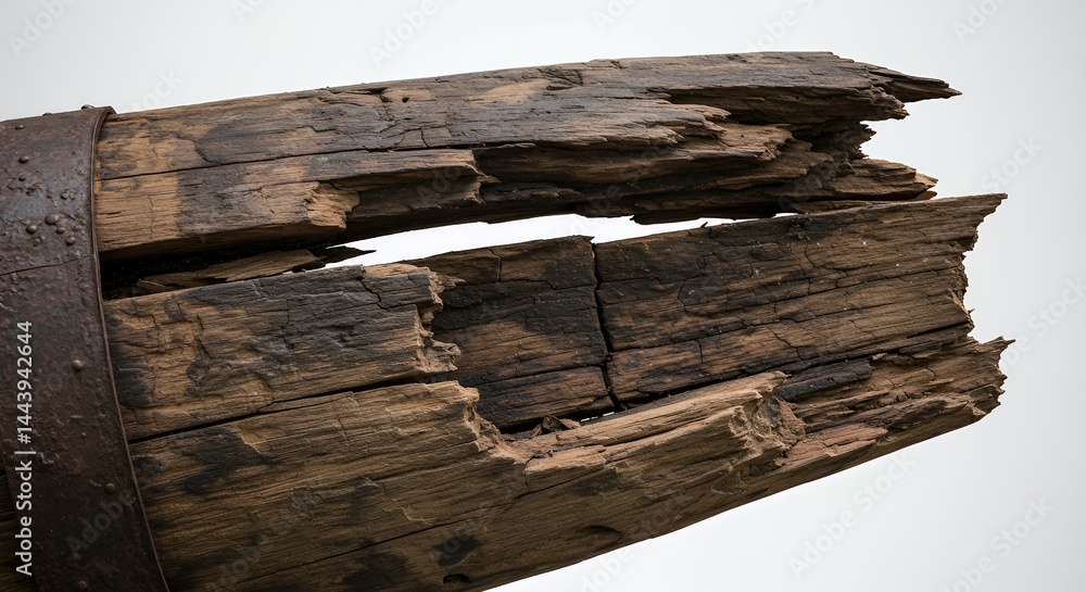 Splintered Water Damaged Wooden Barrel Stave Showcasing its Broken Form and Aged Texture Isolated on White Screen Background Perfect for Ads and Promotion