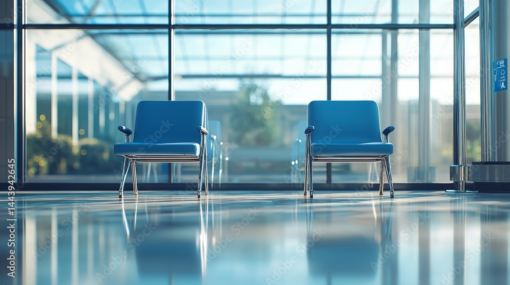 Modern waiting area with blue chairs and glass windows in daylight