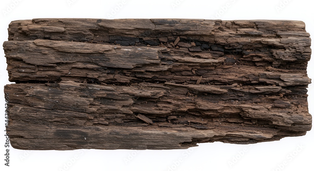 Splintered Waterlogged Wooden Plank Isolated on White Screen Background Displaying Extensive Rot and Splintering Ideal for Decay Themes or Decoration with Damage Details