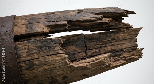 Obraz na płótnie Splintered Water Damaged Wooden Barrel Stave Showcasing its Broken Form and Aged Texture Isolated on White Screen Background Perfect for Ads and Promotion w salonie