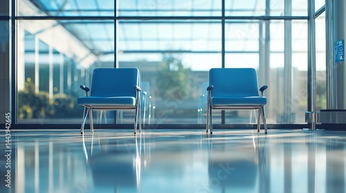 Obraz na płótnie Modern waiting area with blue chairs and glass windows in daylight w salonie