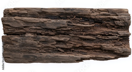 Obraz na płótnie Splintered Waterlogged Wooden Plank Isolated on White Screen Background Displaying Extensive Rot and Splintering Ideal for Decay Themes or Decoration with Damage Details w salonie
