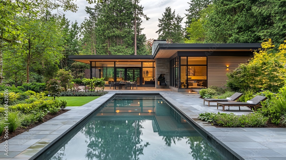 Modern House Exterior with Pool Surrounded by Lush Greenery and Trees