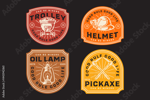 minecart with stock, trolley vehicle, old safety helmet with lamp, oil gas lantern, railroad pickaxe mining tool retro badge logo vector design collection set for miner, engineer, industry, adventure