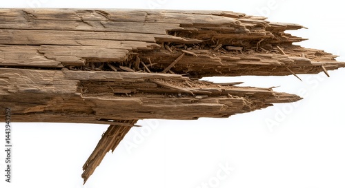Warped Splintered Wooden Construction Beam Exhibiting Dry Rot And Stress Isolated On White Screen Background For Recycle Item Promotion And Renovation Projects