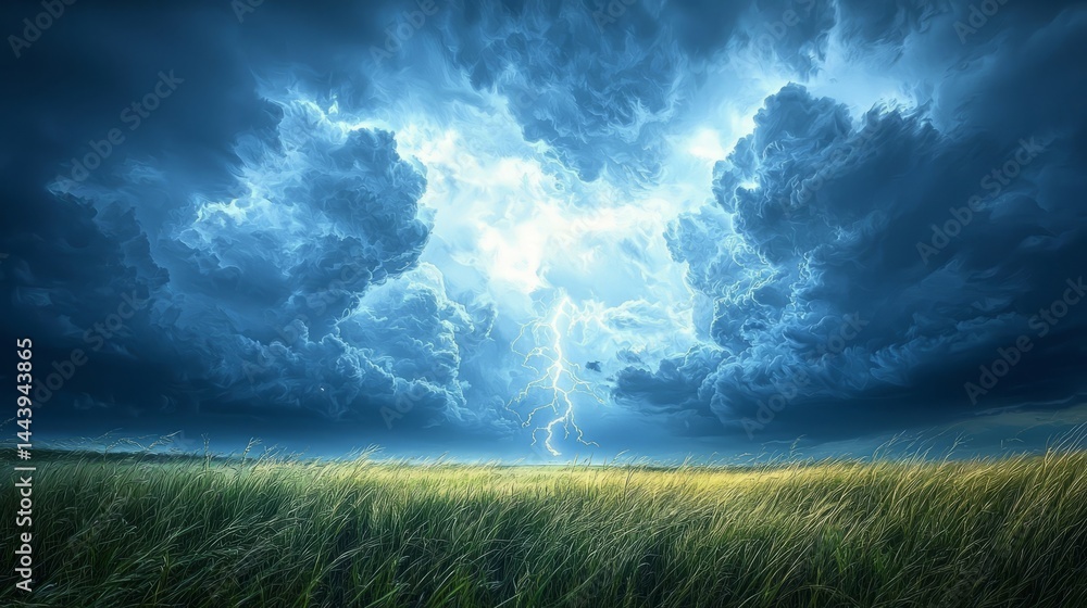 Dramatic Thunderstorm with Striking Lightning over Lush Green Field