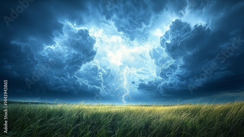 Obraz na płótnie Dramatic Thunderstorm with Striking Lightning over Lush Green Field w salonie