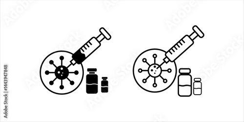 Syringe, Vaccine vial, Virus germ and Medical protective shield icon set, Treatment vaccine injection, Medical flat simple outline logo, Isolated on white background, Vector illustration