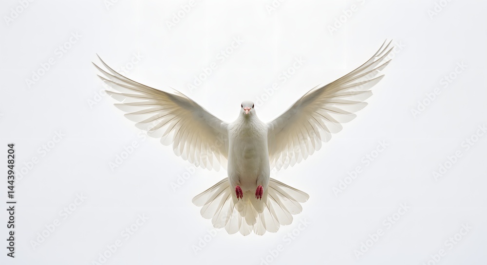 Fototapeta premium Artistic studio image of a white dove in flight with wings spread wide, captured mid-air on a pure white background, high-speed camera detail, symbolic of the Holy Spirit