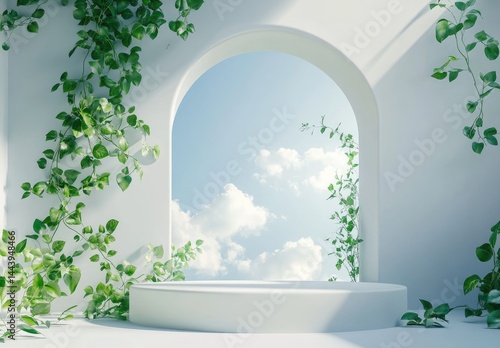 A serene outdoor scene featuring a white archway framed by lush greenery. with a clear blue sky and fluffy clouds in the background. ideal for tranquil design concepts