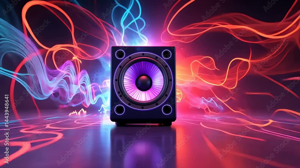 Vibrant speaker with colorful sound waves in abstract background audio animation