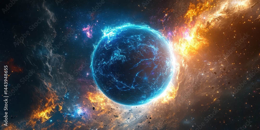 Obraz premium A celestial sphere engulfed in opposing forces of fire and ice.