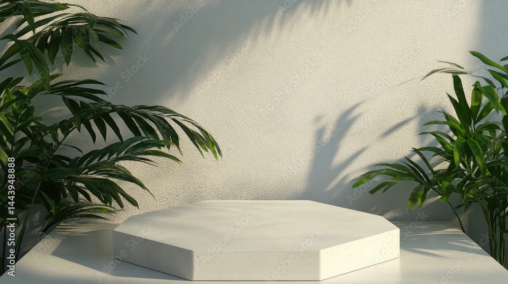 Fototapeta premium A serene octagonal pedestal sits in a lush tropical garden. surrounded by vibrant green foliage. creating an inviting atmosphere for artistic displays or presentations