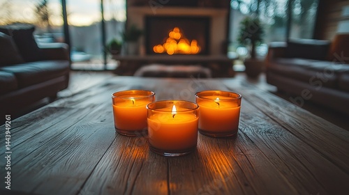 Cozy candles on a wooden coffee table in front of a fireplace