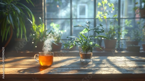 Obraz na płótnie Cozy morning tea with plants by the window w salonie