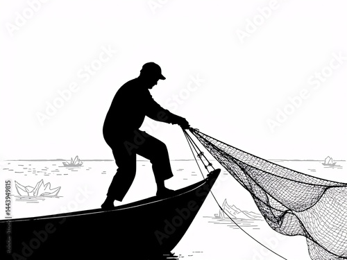 Black silhouette of fisherman casting net on boat.
