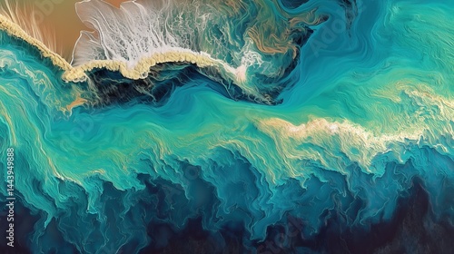Abstract Expressionist Ocean Aerial View with Turquoise-Emerald Waves: Dynamic Brushstroke Art in 3D Rendering for Home Decor, Digital Projects, or Branding