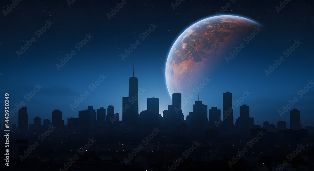 Silhouette Cityscape Underneath a Crimson Planet's Glow Silhouette Cityscape Underneath a Crimson Planet's Glow
