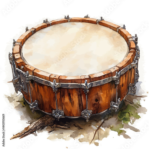 Hand-held Tambourine With Silver Jangles, vector watercolor illustration, isolated on a white background.