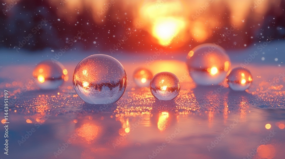 Crystal orbs reflecting winter sunset