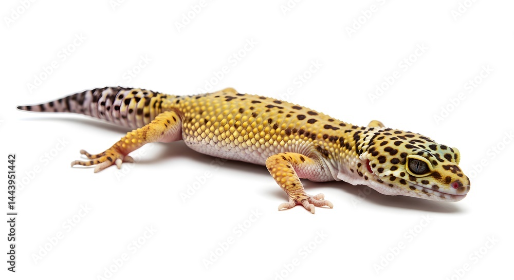 Studio portrait of a leopard gecko on a bright white background, body in a crawling position, detailed skin pattern in yellow and brown, tail curled slightly
Studio portrait of a leopard gecko on a bright white background, body in a crawling position, detailed skin pattern in yellow and brown, tail curled slightly