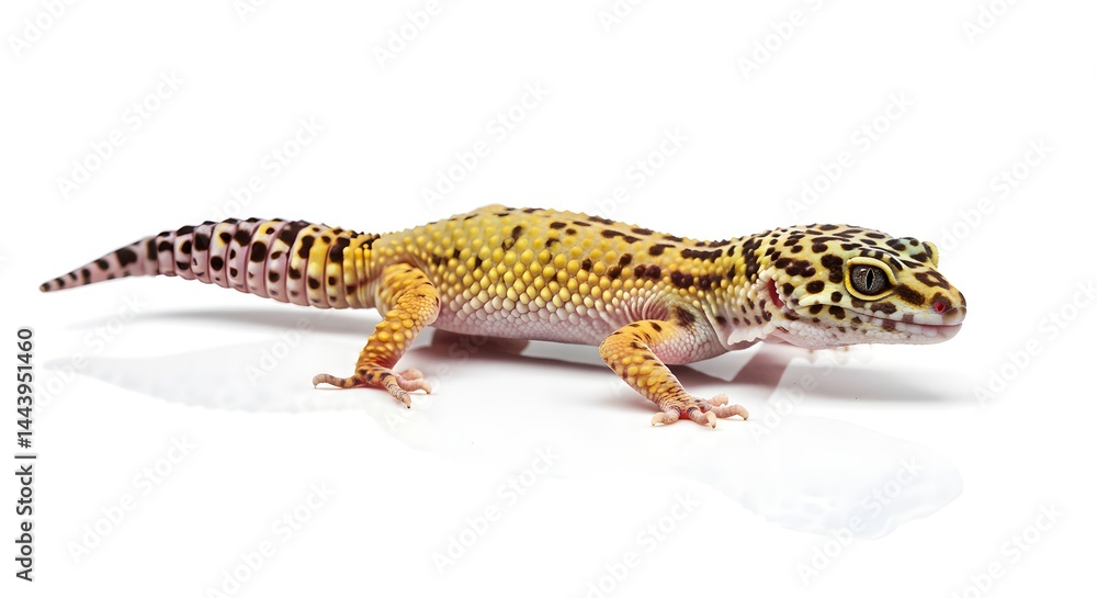 Studio portrait of a leopard gecko on a bright white background, body in a crawling position, detailed skin pattern in yellow and brown, tail curled slightly
Studio portrait of a leopard gecko on a bright white background, body in a crawling position, detailed skin pattern in yellow and brown, tail curled slightly
