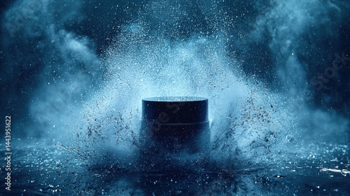 Dark blue cylinder product display with water and smoke