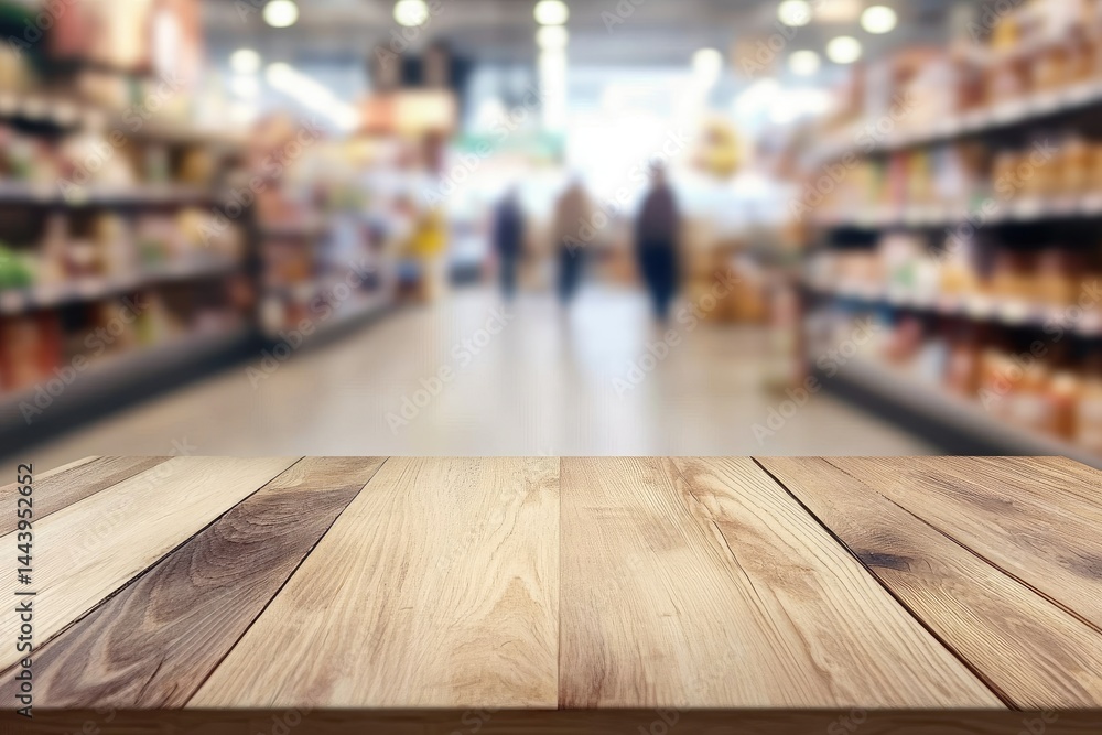 A wooden table in the foreground with a blurred grocery store background. showcasing shoppers browsing through various products on shelves. ideal for retail or food industry use
