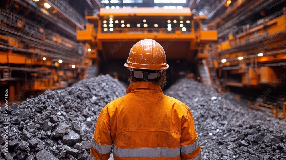 Mining Worker Contemplating a Mountain of Ore in a Massive Industrial Facility Mining Worker Contemplating a Mountain of Ore in a Massive Industrial Facility
