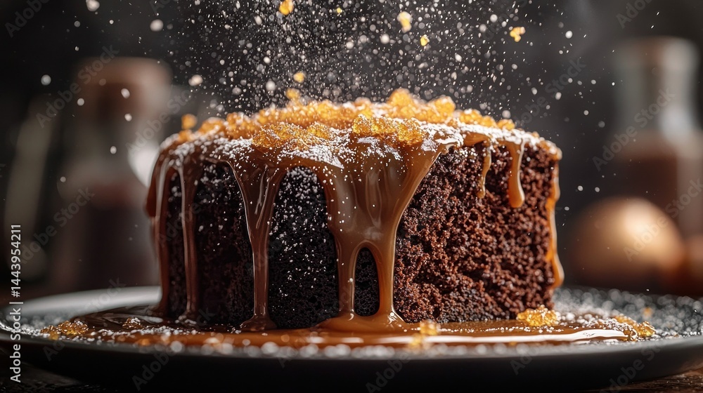 Decadent chocolate cake with caramel sauce