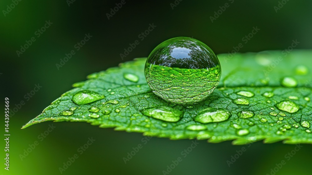 Delicate water droplet sphere on a leaf