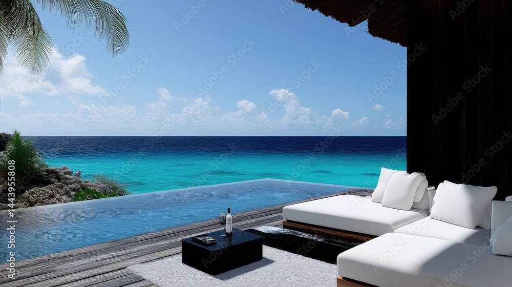 Fototapeta premium Coastal paradise outdoor lounge with infinity pool