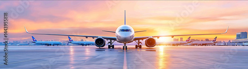a breathtaking wideangle shot of airplanes lined up at the terminal surrounded by golden morning mist and a pastel gradient sky minimalist and clean background free space copy space